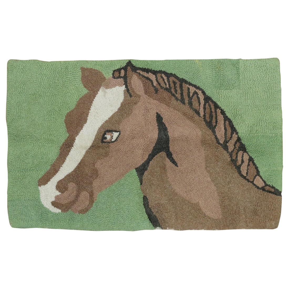 Mid Century American Horse Hooked Rug 21 x 35 in: Mid Century American Horse Hooked Rug 21 x 35 in This handmade American hooked rug from the mid-20th century features a horse motif set against a mint green background. Crafted using fabric, jute, and