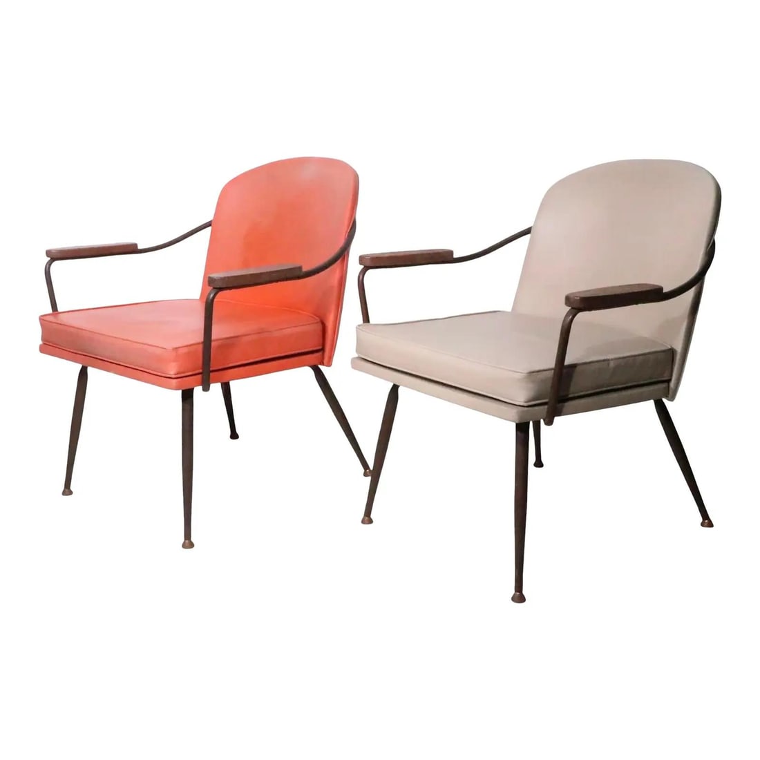 Viko Baumritter pair lounge arm chairs wrought iron wood: Viko Baumritter pair lounge arm chairs wrought iron wood This pair of Mid Century lounge arm chairs was designed by Viko Baumritter for Viko Furniture Co. The chairs feature distinctive textured wroug