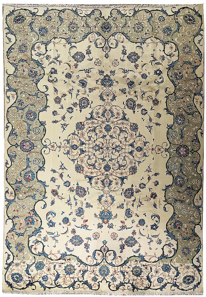 8 x 12 Hand-Knotted Semi-Antique Persian Kashan Rug Ivory Green: 8 x 12 Hand-Knotted Semi-Antique Persian Kashan Rug Ivory Green Free continental US Shipping The 8 x 12 Semi-Antique Persian Kashan Rug in Ivory Green is a stunning representation of traditional Persi