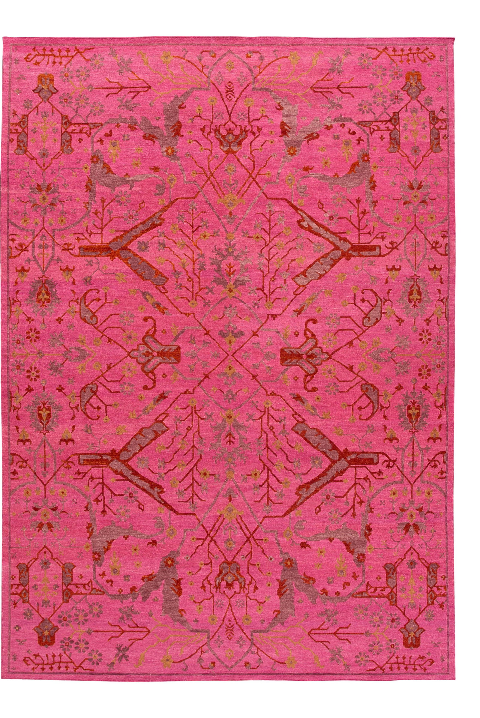 Contemporary Indian Soumak Wool Rug 10' x 14' Hot Pink: Contemporary Indian Soumak Wool Rug 10' x 14' Hot Pink This stunning contemporary Indian Soumak style rug is hand-knotted from high-quality wool, featuring a vibrant hot pink field complemented by red