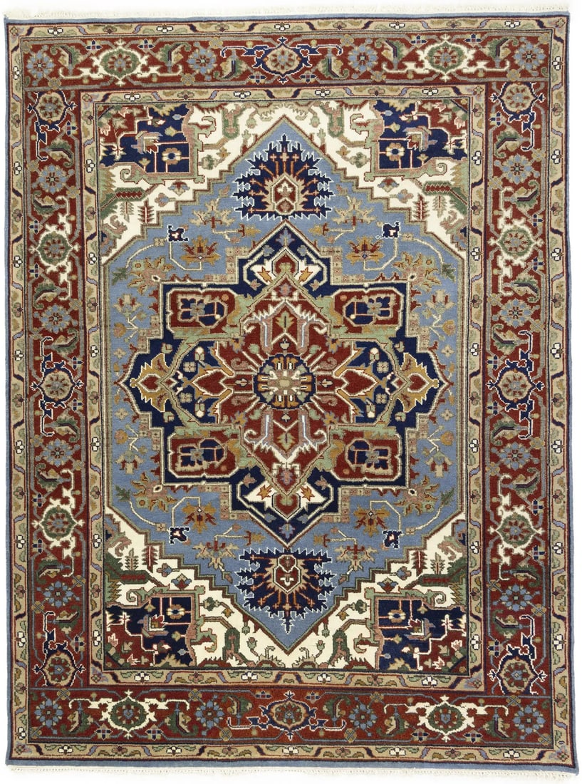 Hand-Knotted Wool Area Rug Floral Heriz Serapi Design 8'10 x 11'8: Hand-Knotted Wool Area Rug Floral Heriz Serapi Design 8'10 x 11'8 This is a hand-knotted Heriz Serapi area rug featuring a traditional floral pattern in shades of light blue, red, cream, brown, light 