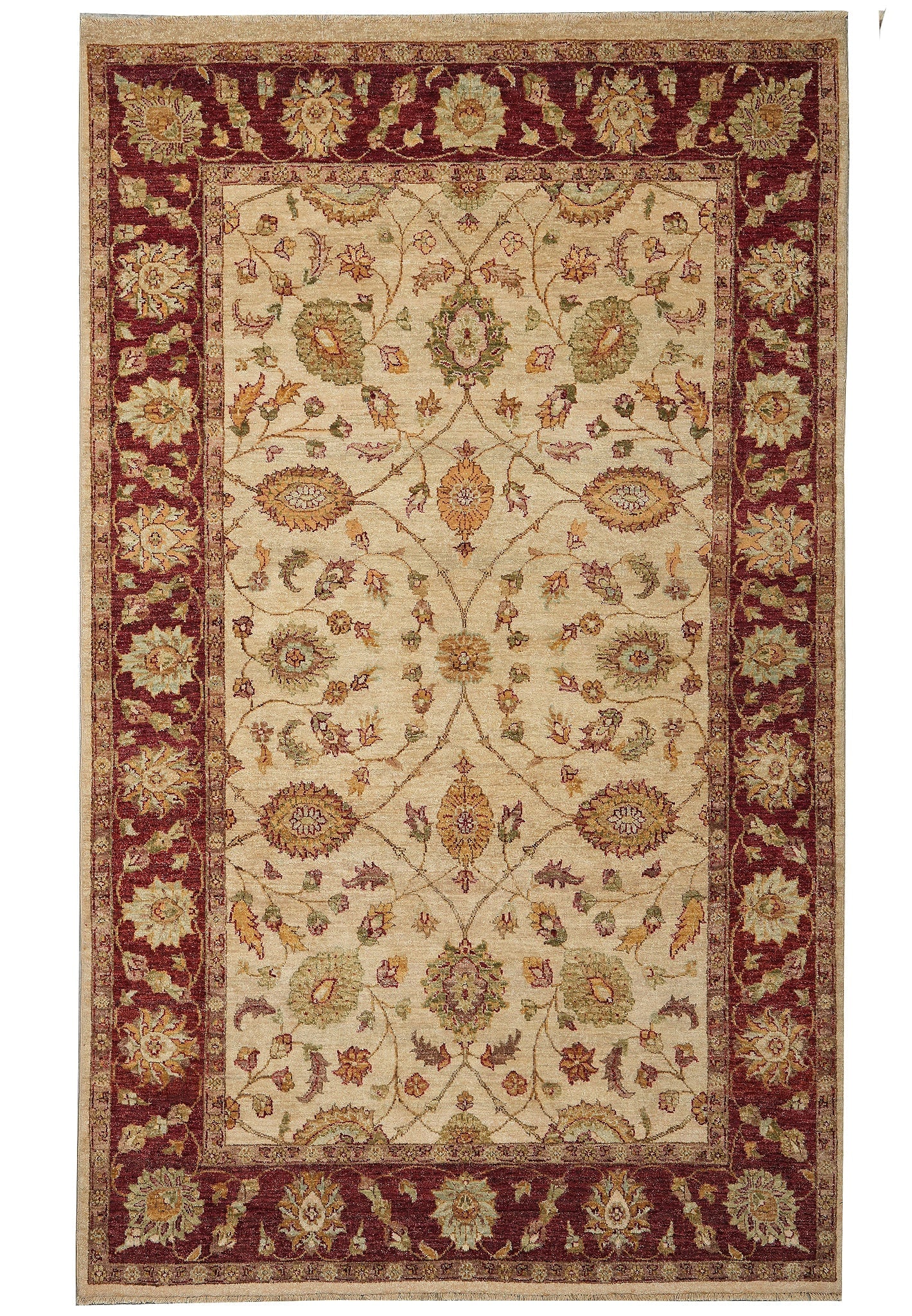5' 8" x 9' Hand-Knotted Chobi Peshawar Zigler Rug: 5' 8" x 9' Hand-Knotted Chobi Peshawar Zigler Rug Free continental US Shipping Beautiful quality hand-knotted Chobi Peshawar Zigler rug in a decorative floral pattern with cream, red, and green tones.