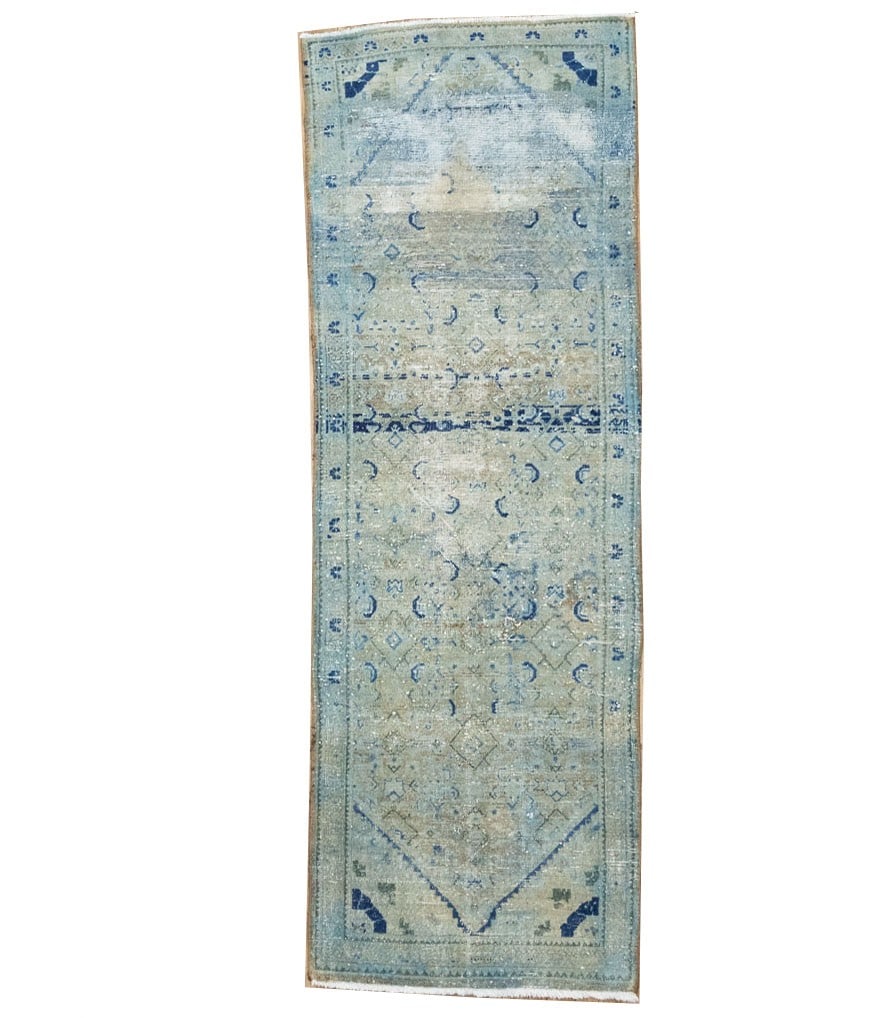 Handmade Wool Floral Runner Rug 3'5 x 10'0 Tribal Vintage: Handmade Wool Floral Runner Rug 3'5 x 10'0 Tribal Vintage This semi-antique handmade Oriental runner rug features a distressed, vintage look with a floral pattern in muted tones of beige, light blue, 
