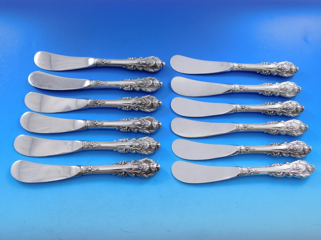 Wallace Sir Christopher Sterling Silver Butter Spreader Set 12 pcs 6": Wallace Sir Christopher Sterling Silver Butter Spreader Set 12 pcs 6" This exquisite set features 12 individual butter spreaders in the Sir Christopher pattern by Wallace. Each spreader is crafted fro