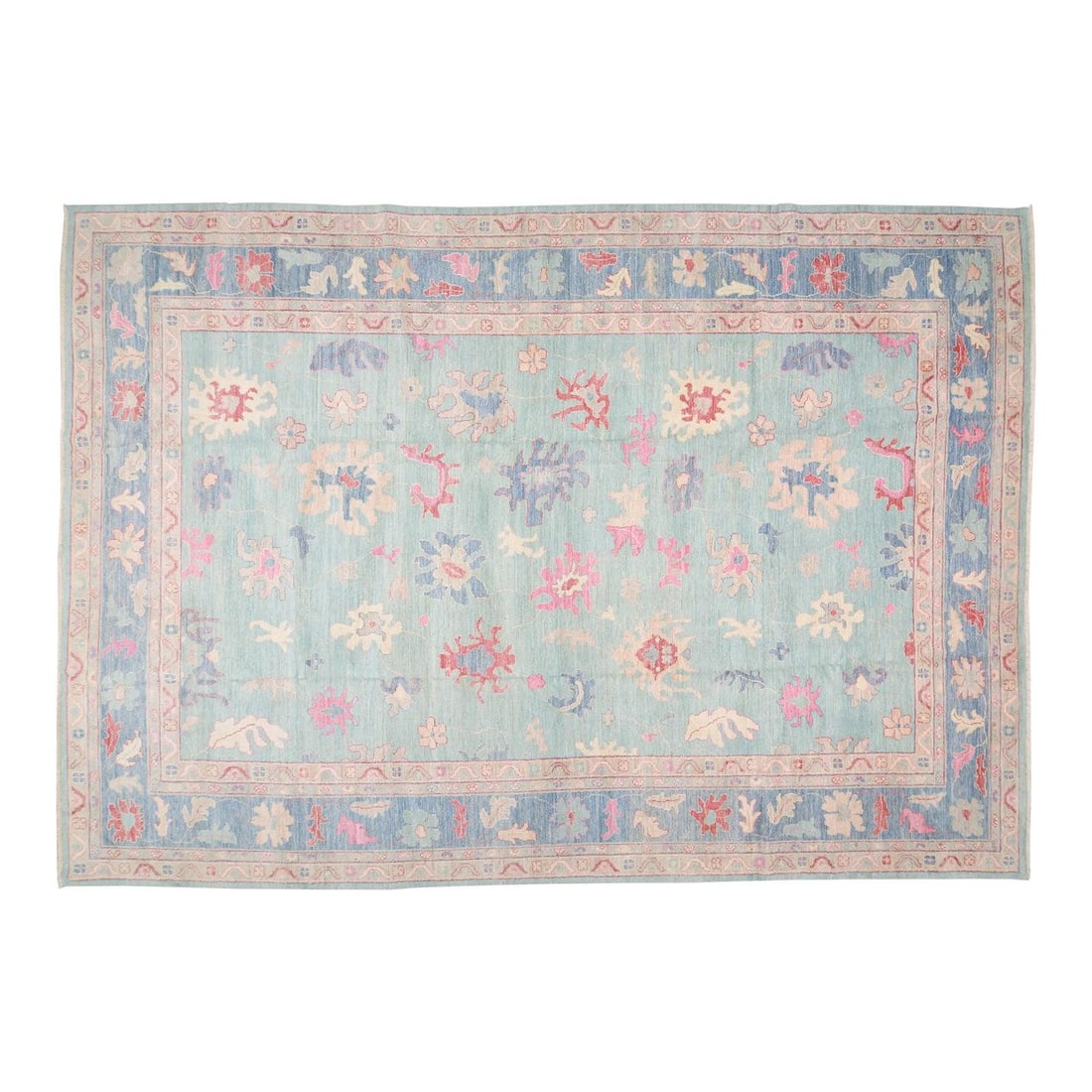 12' x 17'8" Hand Knotted Anatolian Oushak Wool Rug Turquoise Soft Texture: 12' x 17'8" Hand Knotted Anatolian Oushak Wool Rug Turquoise Soft Texture This 1990s Anatolian Oushak rug features a hand-knotted construction with a contemporary style and soft texture. Crafted from 