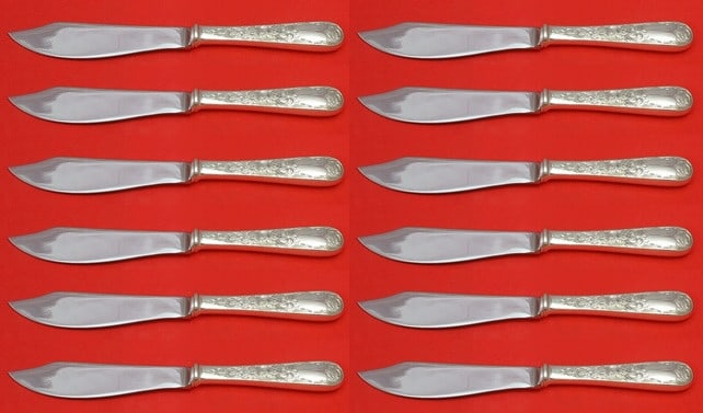 Gorham Old Maryland Engraved Sterling Silver Fish Knife Set 12 pcs 8": Gorham Old Maryland Engraved Sterling Silver Fish Knife Set 12 pcs 8" This exquisite set of 12 fish knives features the Old Maryland pattern, expertly engraved by Kirk. Each knife measures 8 inches an