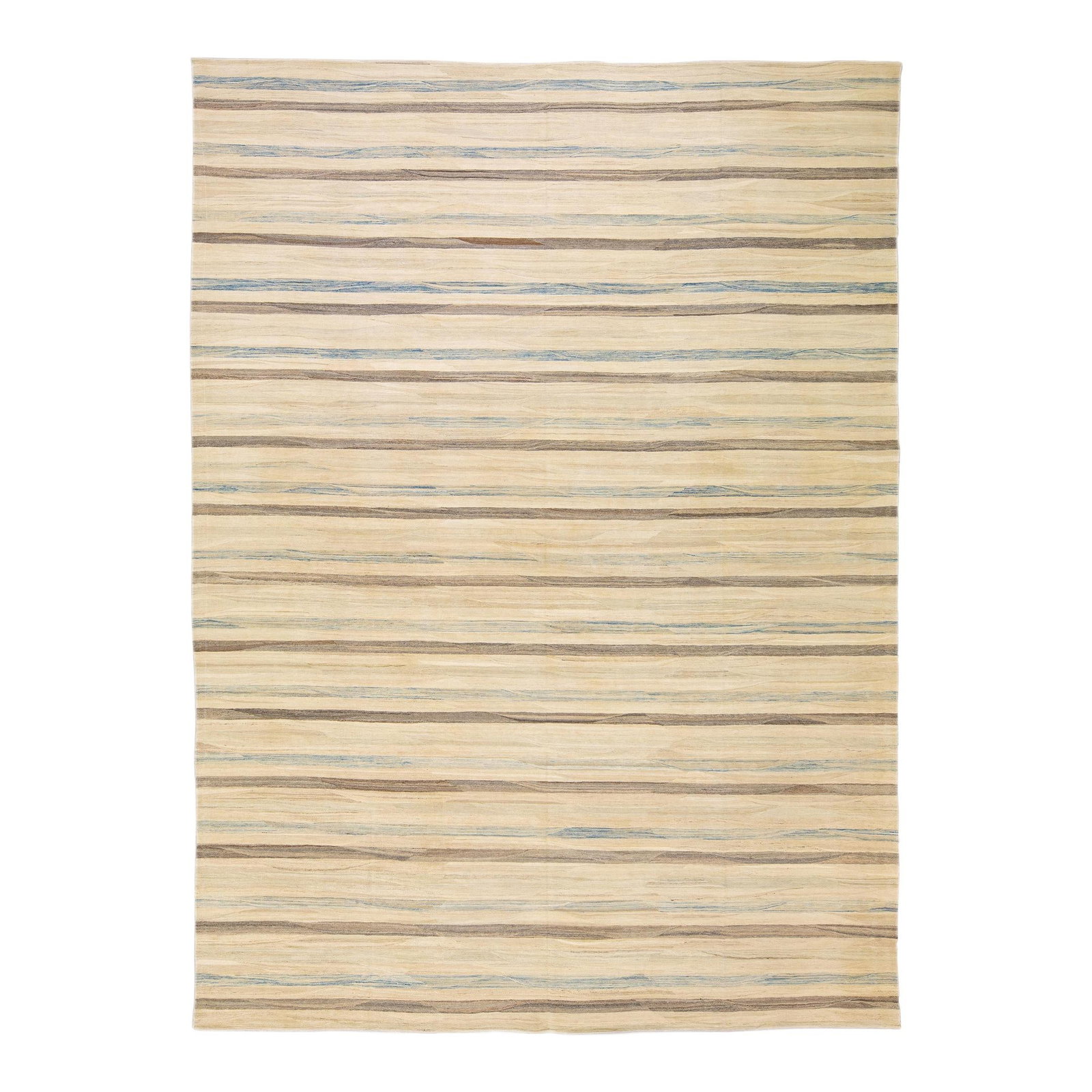 Beige Kilim Handmade Wool Rug Modern Striped Design 13'9 x 19'1: Beige Kilim Handmade Wool Rug Modern Striped Design 13'9 x 19'1 Enhance your space with this exquisite handmade Kilim wool rug featuring a serene beige field. This modern flatweave piece showcases a s