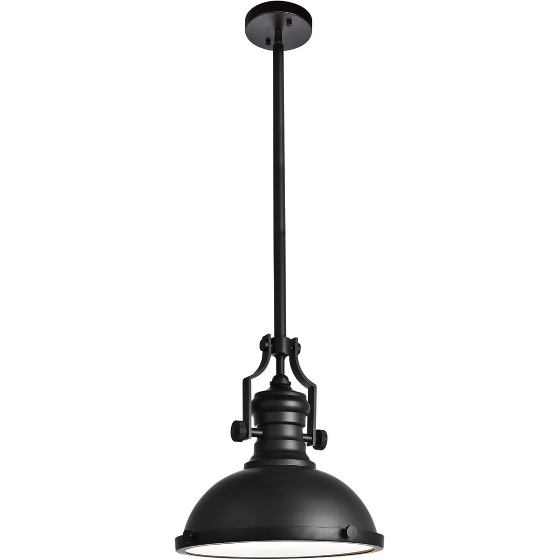Living District Eamon 1 Light Pendant Oil Rubbed Bronze 13 in: Living District Eamon 1 Light Pendant Oil Rubbed Bronze 13 in Modern 1-light pendant chandelier in an oil-rubbed bronze finish, designed for indoor use. It features a round semicircle shade, downward 
