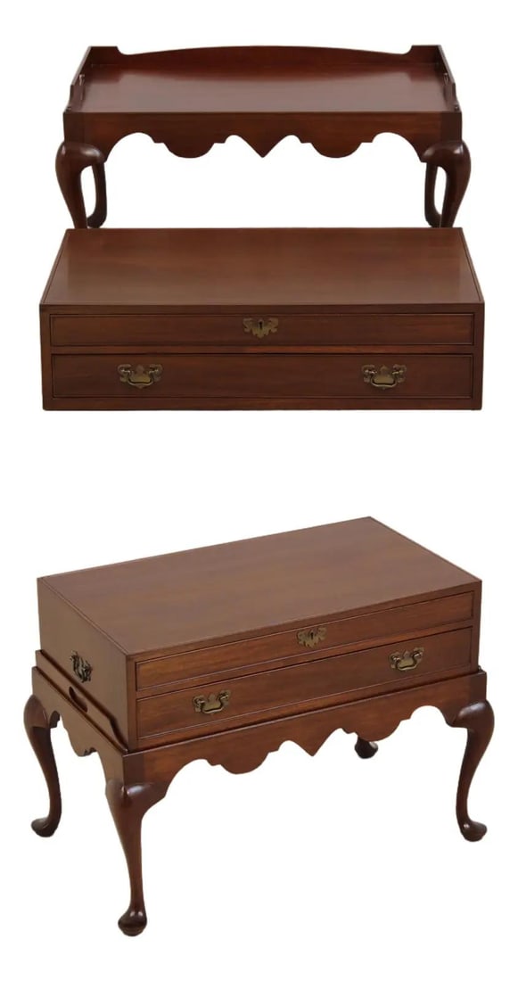 Mahogany Coffee Table with Removable Silver Chest and Queen Anne Legs Two Piece: Mahogany Coffee Table with Removable Silver Chest and Queen Anne Legs Two Piece This two-piece coffee table features a solid mahogany construction with Queen Anne legs and pad feet. The design include