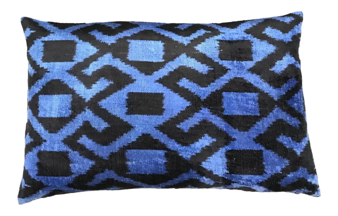 Blue Silk Ikat Velvet Pillow with Linen Backing 16x24 (1 of 3)