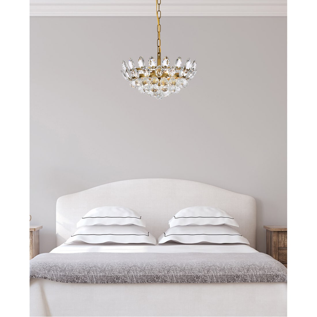 Emilia 3 Light Crystal Pendant in Brass 16 in: Emilia 3 Light Crystal Pendant in Brass 16 in Modern 3-light pendant chandelier with a brass and clear finish and royal cut crystals. It is hardwired, height-adjustable, and designed for indoor use. T
