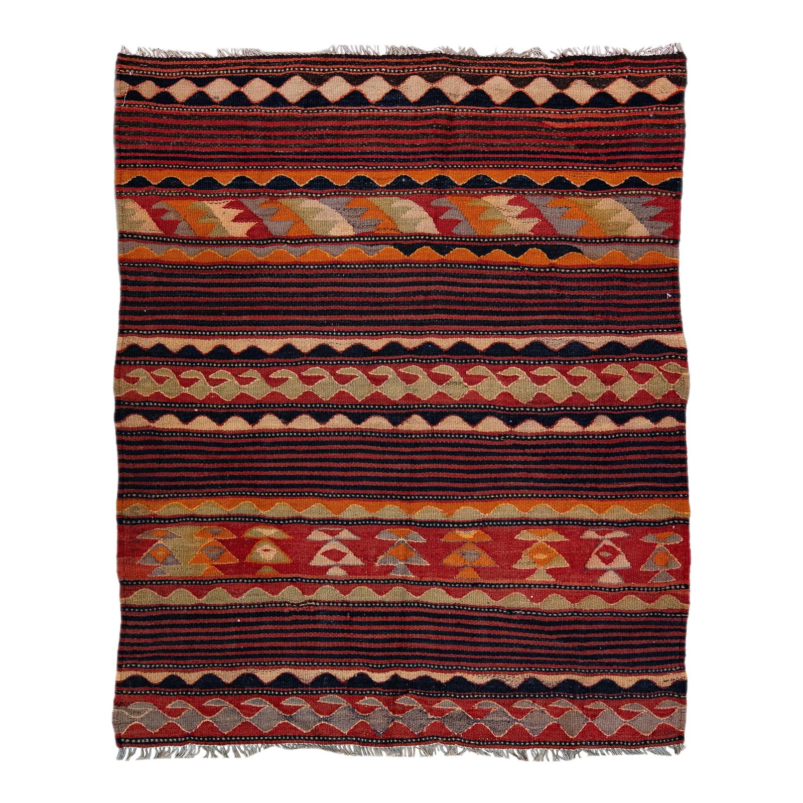 Red Vintage Kilim Wool Runner Tribal Design 4'10 x 5'8 Handwoven: Red Vintage Kilim Wool Runner Tribal Design 4'10 x 5'8 Handwoven This stunning vintage kilim handmade wool runner features a vibrant red field adorned with an intricate all-over tribal motif. Accented