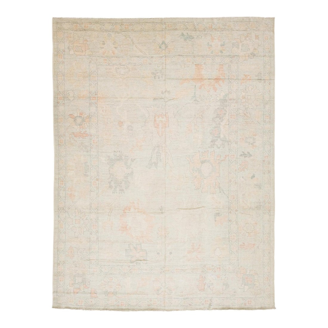 11'6 x 15'2 Hand Knotted Wool Oushak Style Area Rug: 11'6 x 15'2 Hand Knotted Wool Oushak Style Area Rug This Modern Oushak style area rug features a hand-knotted construction from high-quality wool, offering a luminous, low-pile texture. The design pre