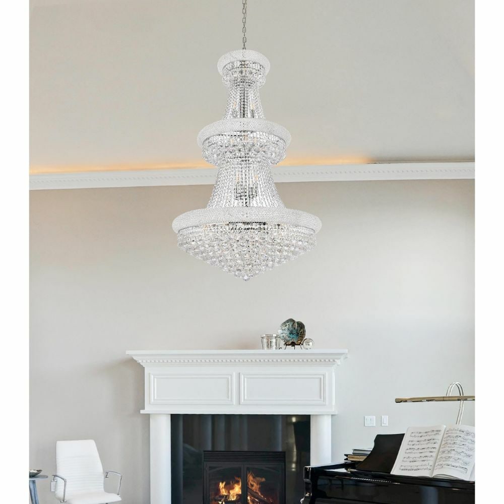 Primo chrome 32-light crystal foyer chandelier 30in x 50in: Primo chrome 32-light crystal foyer chandelier 30in x 50in This large empire-style chandelier features 32 lights and a polished chrome finish, making it an impressive centerpiece for foyers, dining ro