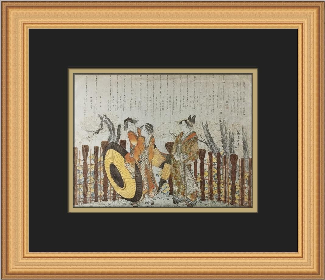 Custom Framed Hokusai Offset Lithograph Print An Oiran and Maids: Custom Framed Hokusai Offset Lithograph Print An Oiran and Maids Custom framed open edition print of Hokusai's An Oiran and Maids by Fence. The piece features a matted presentation with a 1" gold fram