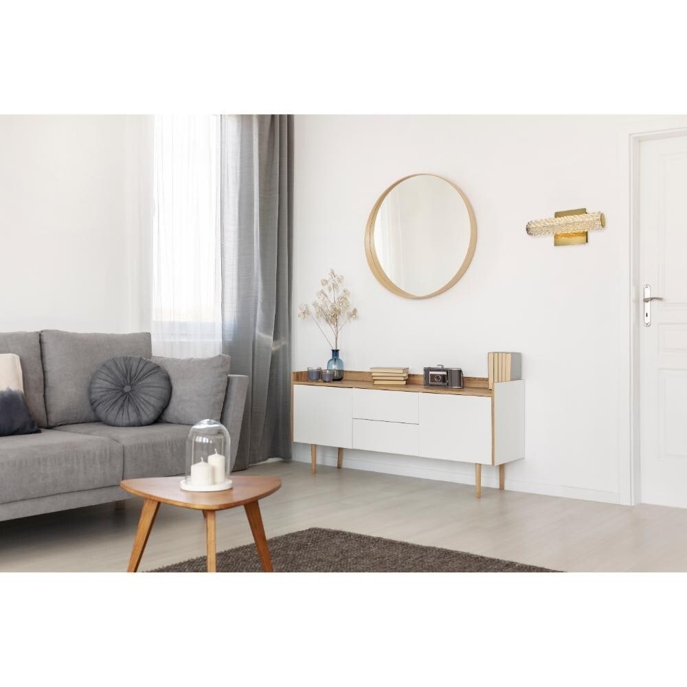 Bowen crystal wall sconce 12 inch satin gold LED: Bowen crystal wall sconce 12 inch satin gold LED This modern crystal wall sconce features a sleek satin gold finish and a rectangular design, measuring 12 inches in length. Designed for indoor use, it