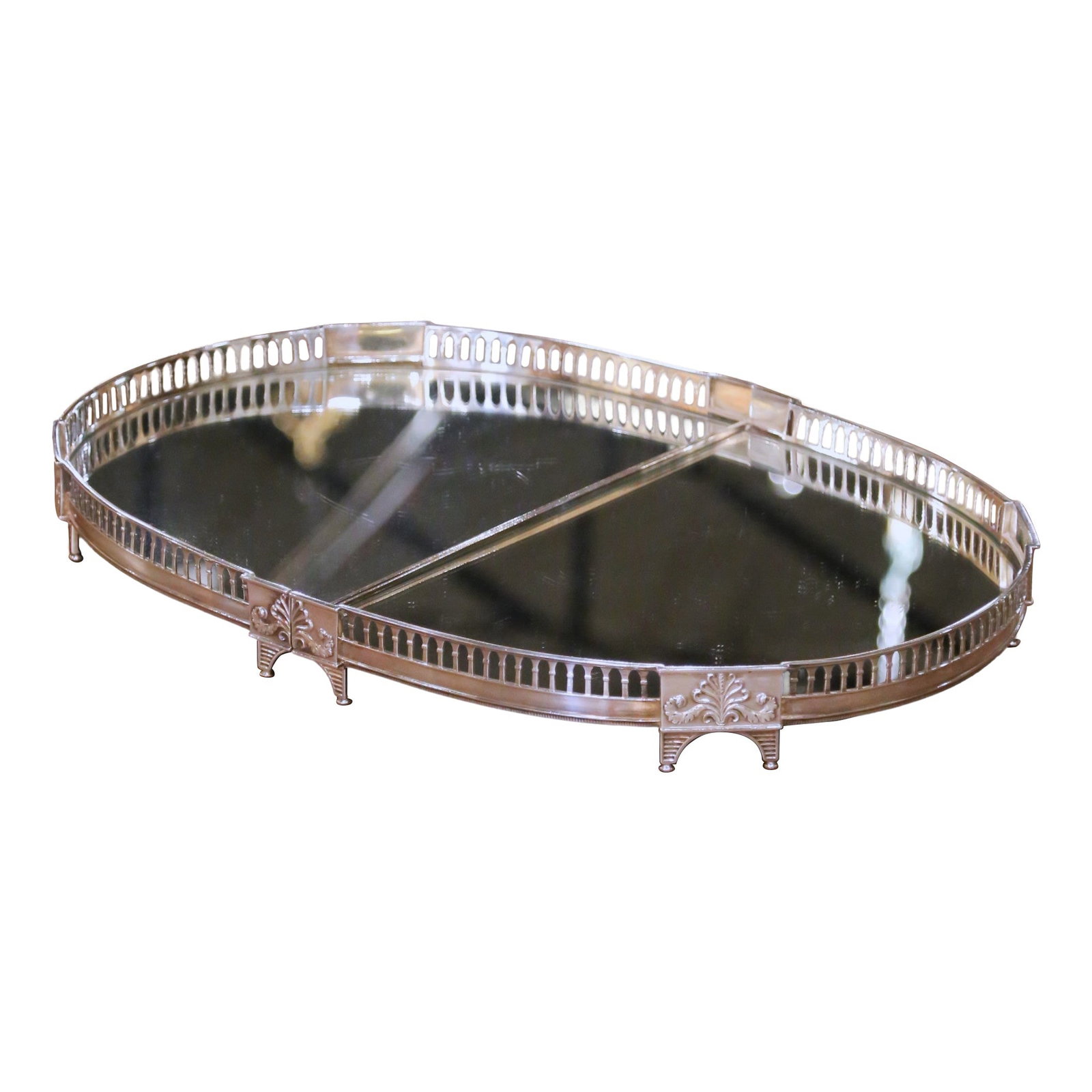 Pair of French Silvered Bronze and Mirror Surtout de Table Centerpieces Circa 1860: Pair of French Silvered Bronze and Mirror Surtout de Table Centerpieces Circa 1860 This mid-19th century French surtout de table is an elegant two-piece centerpiece crafted around 1860. Made from fine
