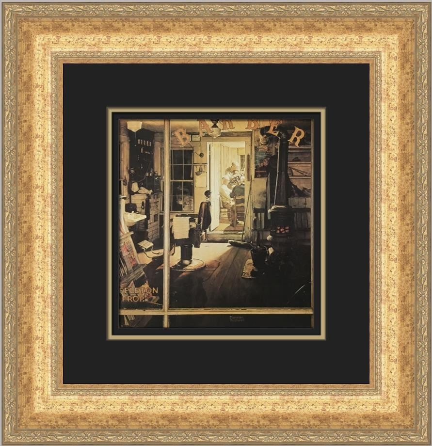 Norman Rockwell Shuffleton's Barbershop framed open edition print: Norman Rockwell Shuffleton's Barbershop framed open edition print This is a custom-framed open edition print of Norman Rockwell's "Shuffleton's Barbershop," produced in 1979. The print is crafted usin