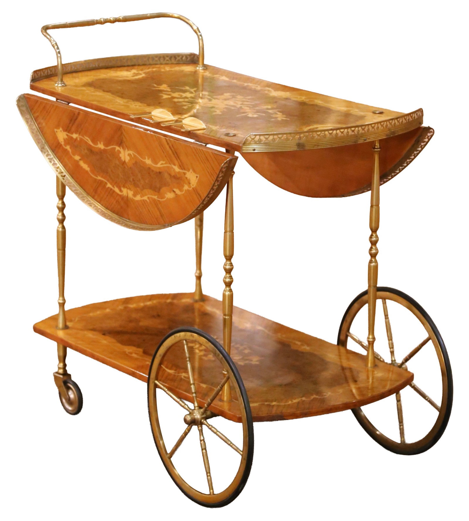 Italian Art Deco Walnut Bar Cart with Gilt Brass Gallery: Italian Art Deco Walnut Bar Cart with Gilt Brass Gallery This mid-century Italian bar cart, crafted circa 1960, showcases elegant marquetry work and a warm honey-toned patina. The cart features a flor