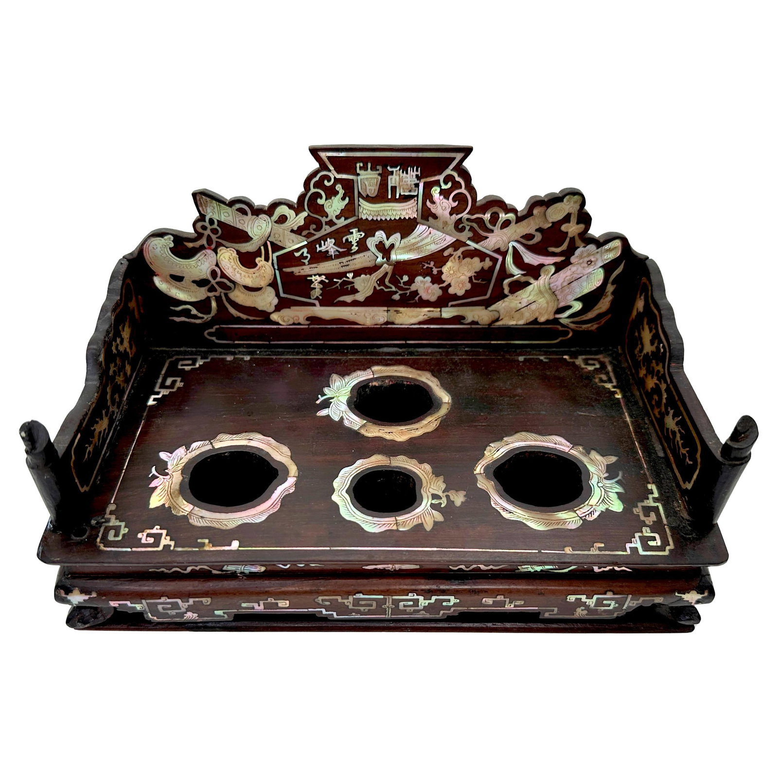 Mother-of-Pearl Inlaid Scholar's Stand Qing Dynasty Hardwood 19th Century: Mother-of-Pearl Inlaid Scholar's Stand Qing Dynasty Hardwood 19th Century This late 19th-century Chinese Qing Dynasty scholar's seal stand is finely crafted from hardwood with luminous mother-of-pearl