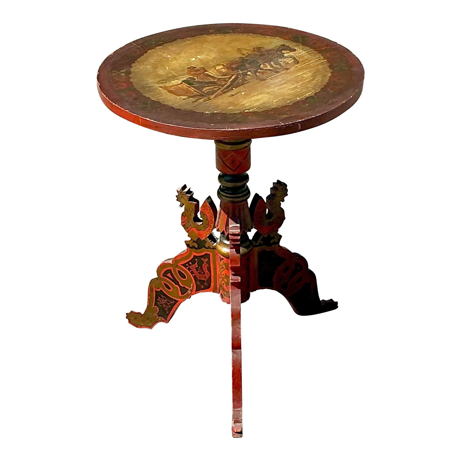 Vintage Boho Hand-Painted Tilt Top Table in Burnt Umber: Vintage Boho Hand-Painted Tilt Top Table in Burnt Umber Enhance your living space with this vintage boho hand-painted tilt-top table. Showcasing artistic flair through its unique boho-inspired designs