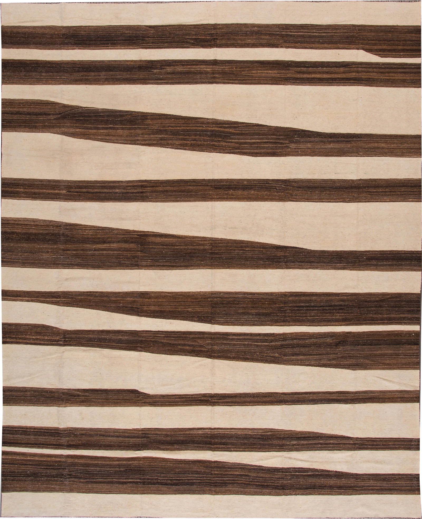 Stunning Hand-Knotted Wool Kilim Rug 11'9 x 14'10 Ivory Brown Accents: Stunning Hand-Knotted Wool Kilim Rug 11'9 x 14'10 Ivory Brown Accents Discover this stunning hand-knotted modern Kilim rug featuring a beautiful ivory field adorned with rich brown accents in an allov