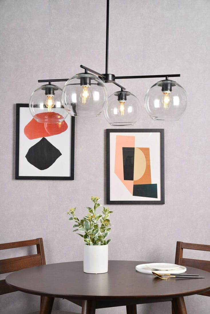 Opus 4 Light Black Clear Glass Pendant Fixture: Opus 4 Light Black Clear Glass Pendant Fixture Modern 4-light pendant chandelier with a black finish and clear glass shade. It is hardwired, ETL safety rated, and designed for indoor use. The fixture 
