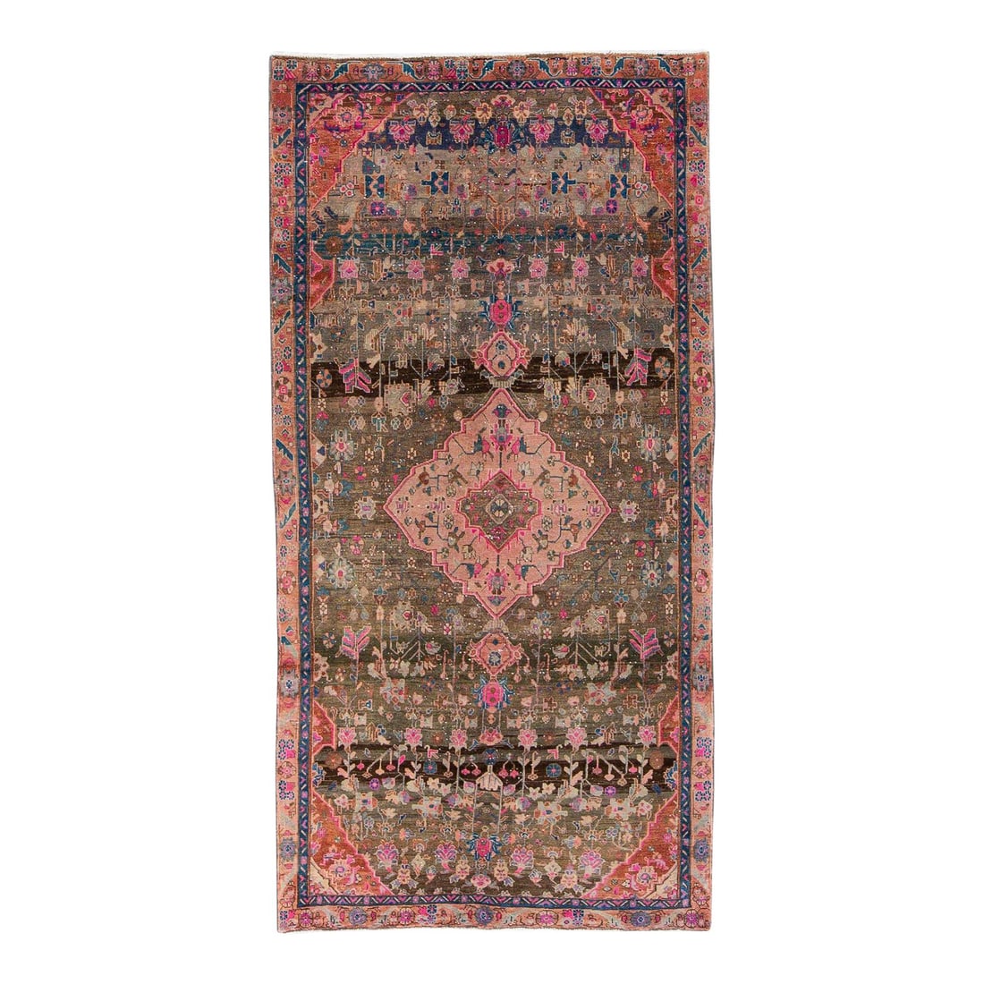 Vintage Hand-Knotted Wool Rug Brown Pink Medallion 11'3 x 14'3: Vintage Hand-Knotted Wool Rug Brown Pink Medallion 11'3 x 14'3 This exquisite vintage distressed medallion rug showcases a hand-knotted construction in rich brown wool, featuring stunning pink and blu