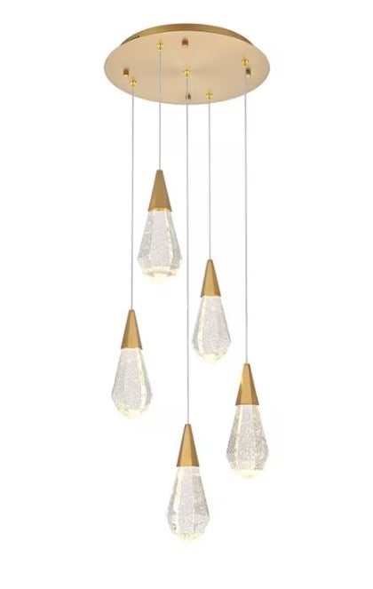 Amora 5-Light Crystal Pendant Chandelier Satin Gold: Amora 5-Light Crystal Pendant Chandelier Satin Gold This modern pendant chandelier features five diamond-faceted crystal shades and a satin gold finish, bringing an elegant touch to any indoor space. 