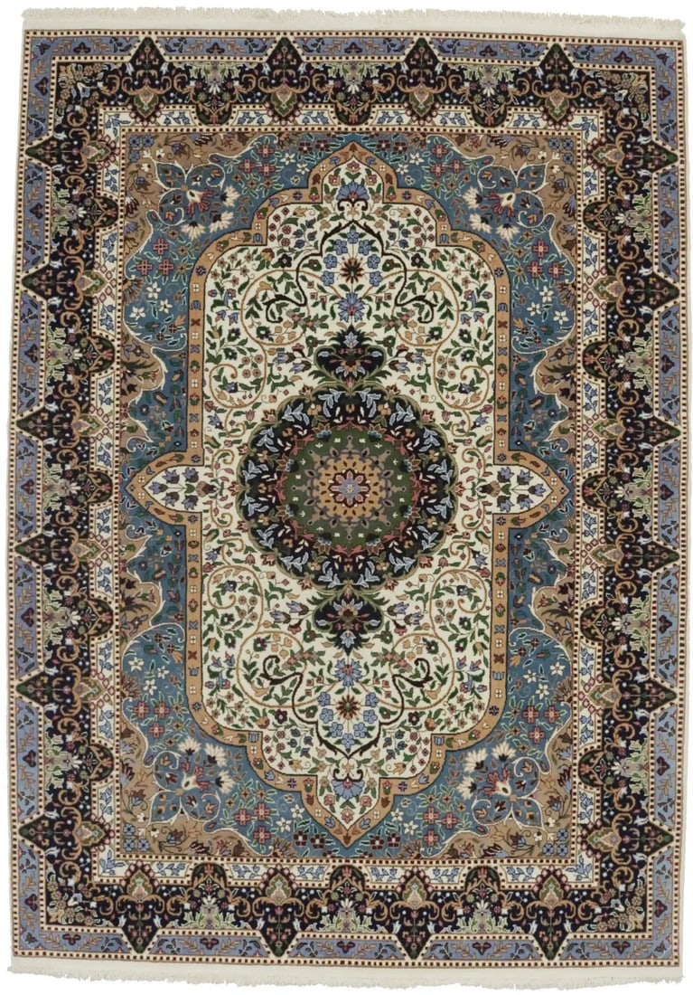 6'6 x 9' Hand-Knotted Wool Kirman Floral Rug Cream Modern Oriental Carpet: 6'6 x 9' Hand-Knotted Wool Kirman Floral Rug Cream Modern Oriental Carpet This hand-knotted wool rug features a cream background with floral patterns in navy blue, teal blue, khaki, caramel, and grey.