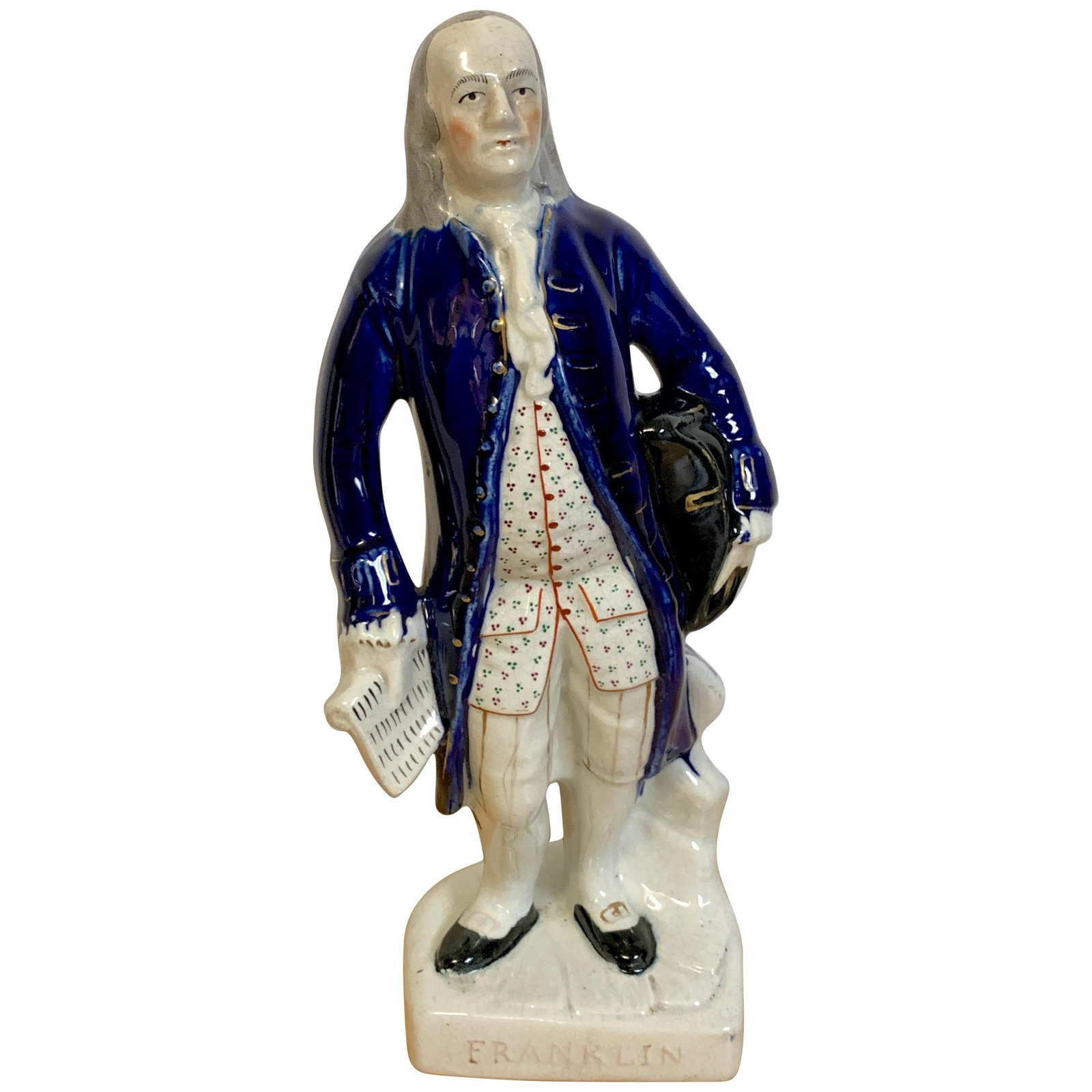 Antique Staffordshire Portrait Figure of Benjamin Franklin 1850: Antique Staffordshire Portrait Figure of Benjamin Franklin 1850 This exquisite Staffordshire portrait figure of Benjamin Franklin, dating back to circa 1850, showcases the artistry of mid-19th century