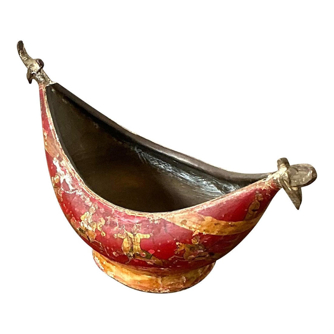 Mid Century Chinoiserie Brass Vessel with Bird Head Finials: Mid Century Chinoiserie Brass Vessel with Bird Head Finials This vintage brass bowl showcases Mid-Century Chinoiserie design, featuring a distinctive crescent or boat-shaped form with sculptural bird-