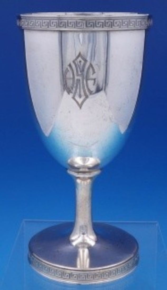 Gorham Etruscan Sterling Silver Water Goblet #9838 Monogrammed 6 Inch: Gorham Etruscan Sterling Silver Water Goblet #9838 Monogrammed 6 Inch This exquisite Etruscan water goblet by Gorham showcases fine craftsmanship in sterling silver (.925). Standing at 6 inches tall w