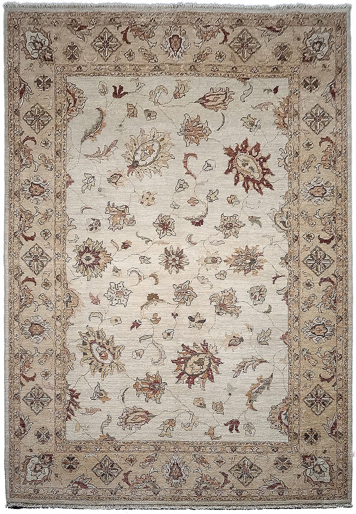5.6 x 8 Ivory Chobi Rug Handwoven Premium Wool Eco-Friendly: 5.6 x 8 Ivory Chobi Rug Handwoven Premium Wool Eco-Friendly Free continental US Shipping Introduce a touch of timeless elegance to your home with this exquisite 5.6' x 8' Ivory Vegetable Dyed Chobi Ru