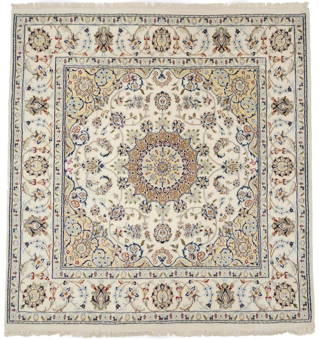 Hand-Knotted 5x5 ft Cream Floral Design Oriental Rug: Hand-Knotted 5x5 ft Cream Floral Design Oriental Rug This exquisite 5' x 5' Indo-Nain square rug showcases a stunning floral design, blending traditional artistry with modern aesthetics. Hand-knotted 