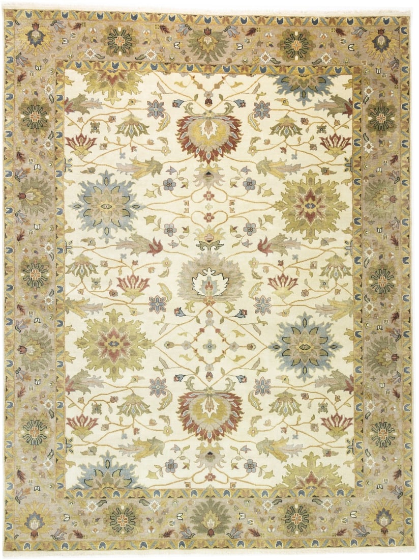 Hand-Knotted Wool Peshawar Chobi Area Rug 9x12 Floral Modern Traditional: Hand-Knotted Wool Peshawar Chobi Area Rug 9x12 Floral Modern Traditional This large Peshawar Chobi oriental area rug features a hand-knotted wool construction and a modern floral pattern in cream, tan