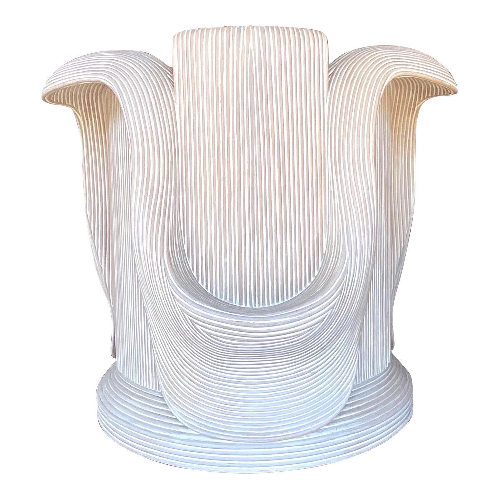 Vintage Pencil Reed Pedestal Inspired by Betty Cobunpue: Vintage Pencil Reed Pedestal Inspired by Betty Cobunpue Embrace the coastal charm with this Vintage Coastal Washed Pencil Reed Pedestal, inspired by the iconic designs of Betty Cobunpue. This piece sh