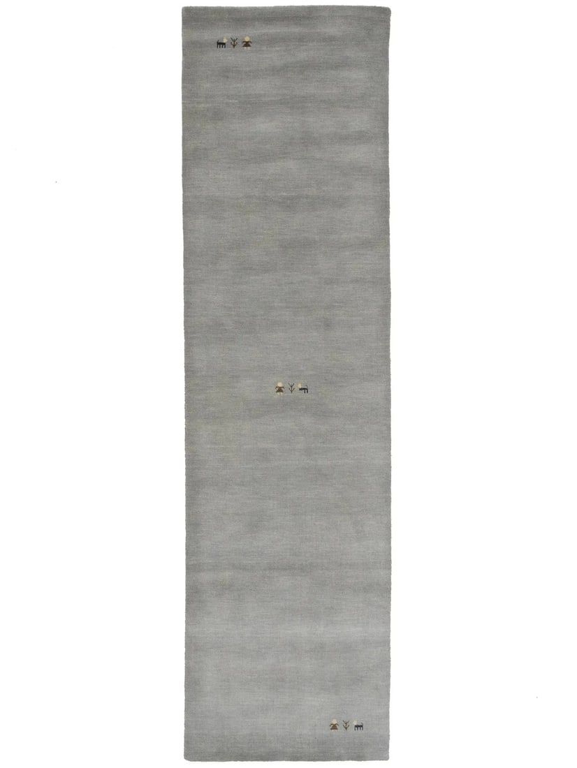 Handmade Wool Gabbeh Runner Rug 2'7 X 9'6 Tribal Pictorial Modern: Handmade Wool Gabbeh Runner Rug 2'7 X 9'6 Tribal Pictorial Modern This handmade runner rug features a modern tribal pictorial pattern in gray tones, crafted from high-quality wool. The rug is hand-loo