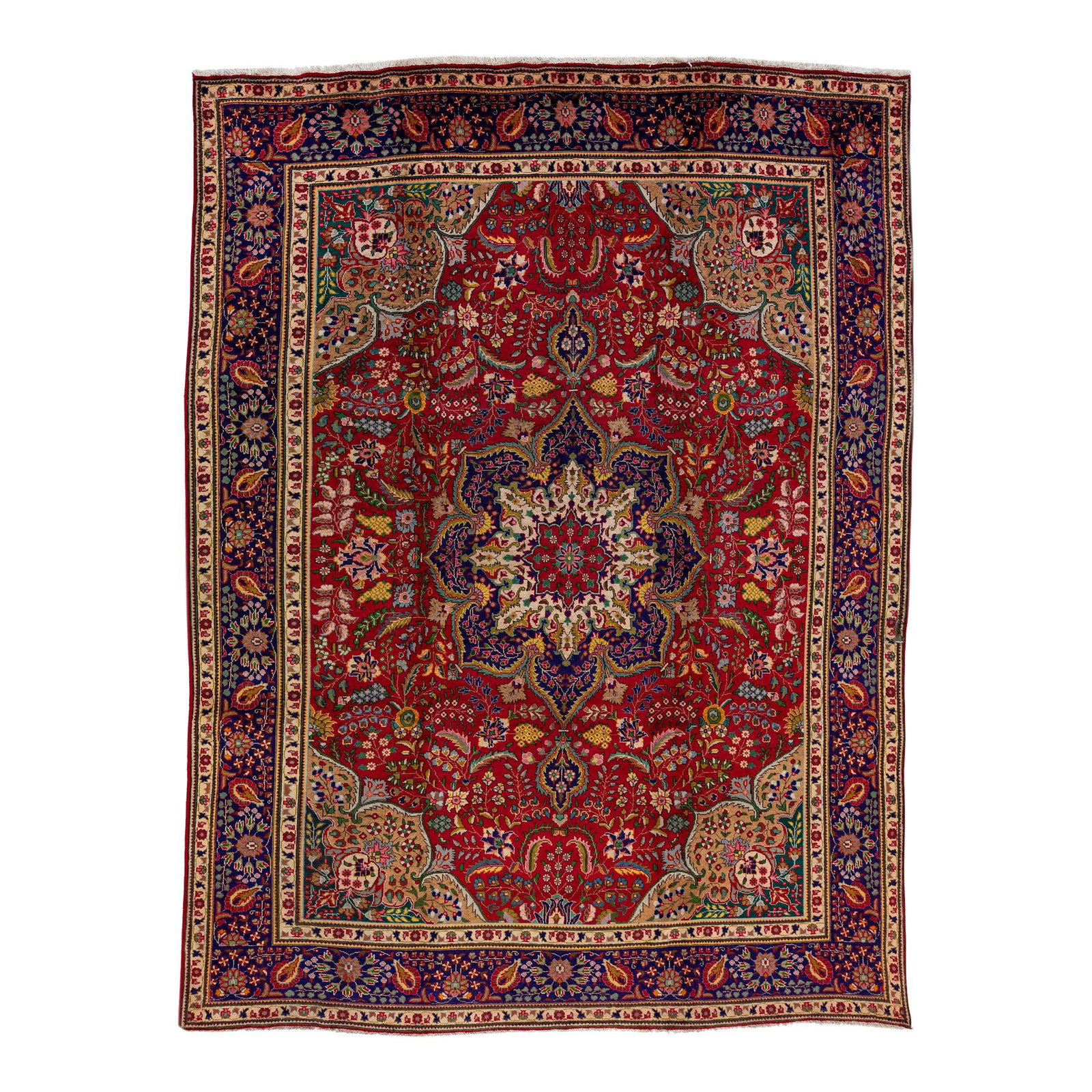 Vintage Persian Tabriz Red Wool Medallion Rug 9'7 x 12'10: Vintage Persian Tabriz Red Wool Medallion Rug 9'7 x 12'10 This exquisite vintage Persian Tabriz rug showcases a striking red field adorned with a navy blue frame and vibrant multicolor accents in a ca