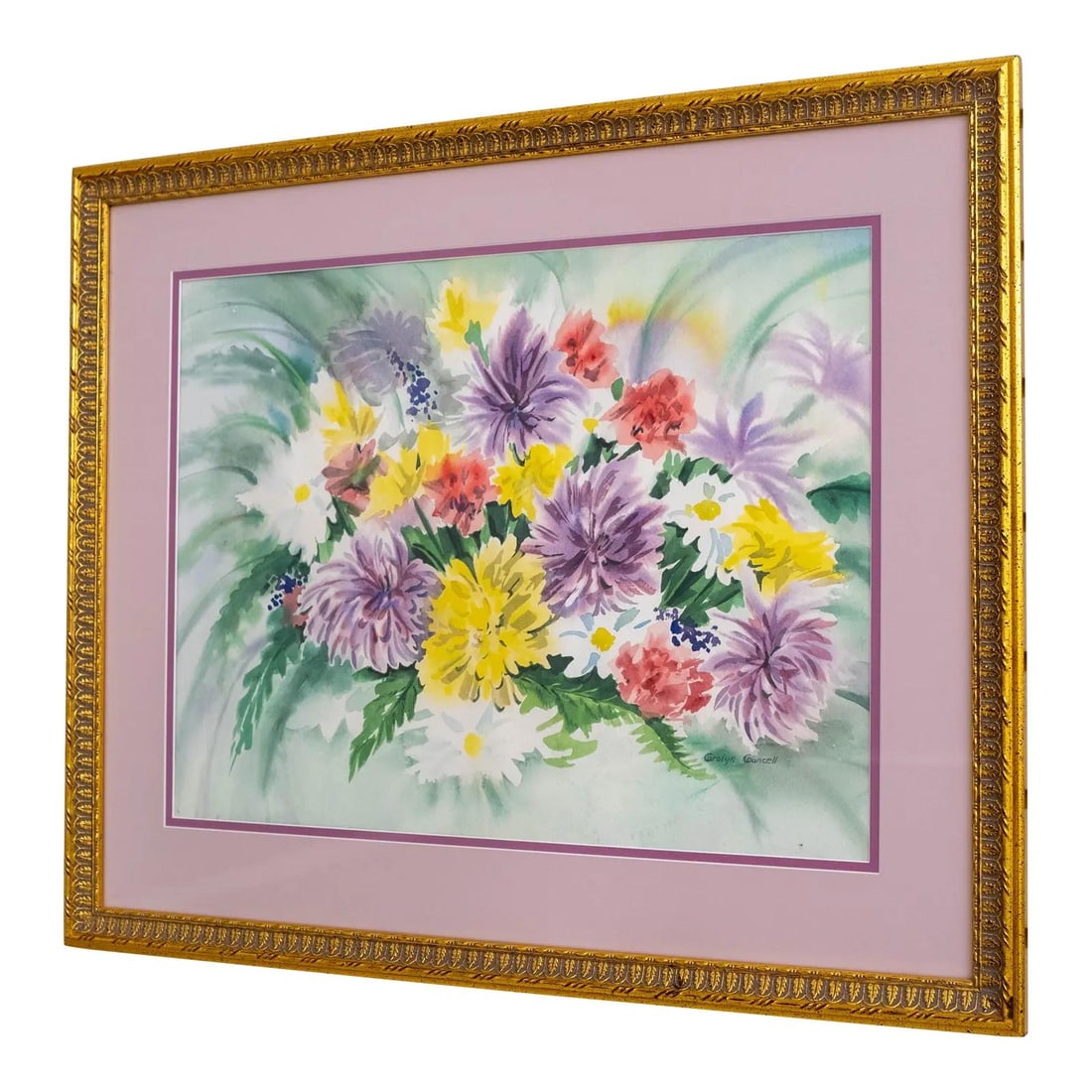 Carolyn Councell Signed Abstract Flower Watercolor Painting Ornate Gold Frame: Carolyn Councell Signed Abstract Flower Watercolor Painting Ornate Gold Frame This exquisite watercolor painting features a vibrant arrangement of flowers, potentially including daisies, chrysanthemum