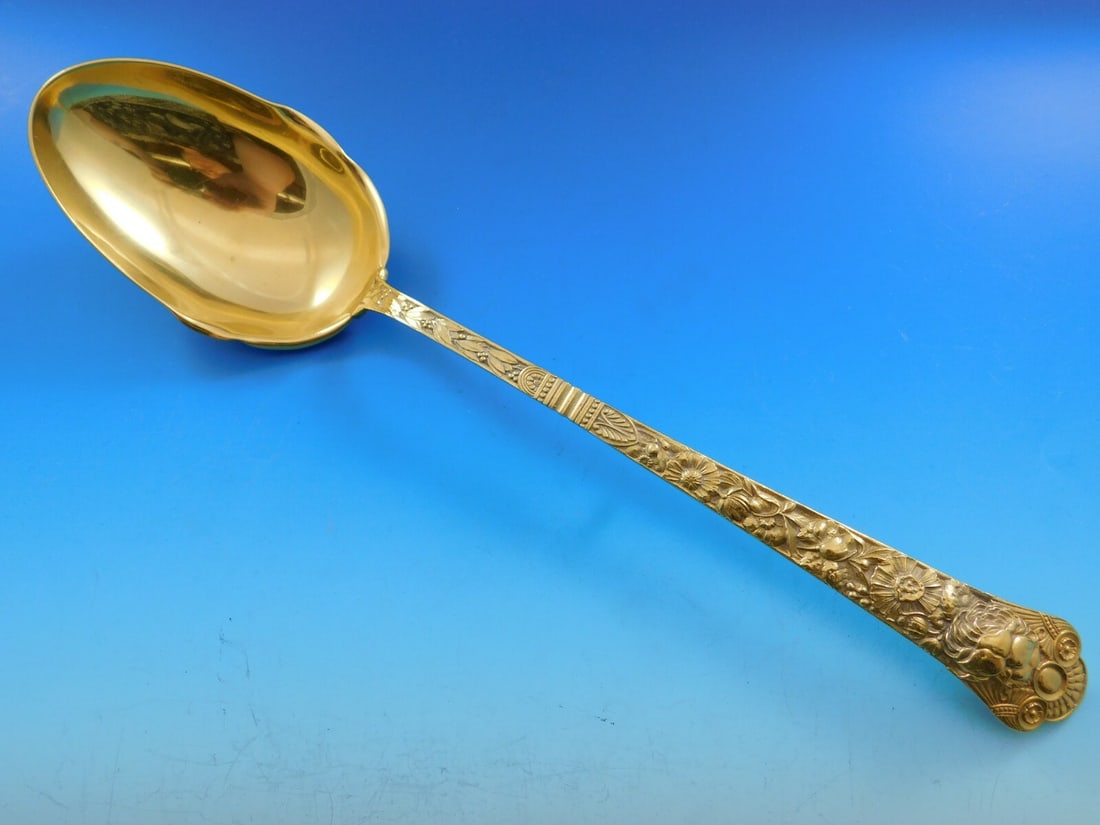 Gorham Cluny Vermeil Sterling Silver Serving Spoon 12 1/4" Monogrammed: Gorham Cluny Vermeil Sterling Silver Serving Spoon 12 1/4" Monogrammed This exquisite serving spoon features the elegant Cluny pattern by Gorham, crafted from high-quality sterling silver. The spoon m
