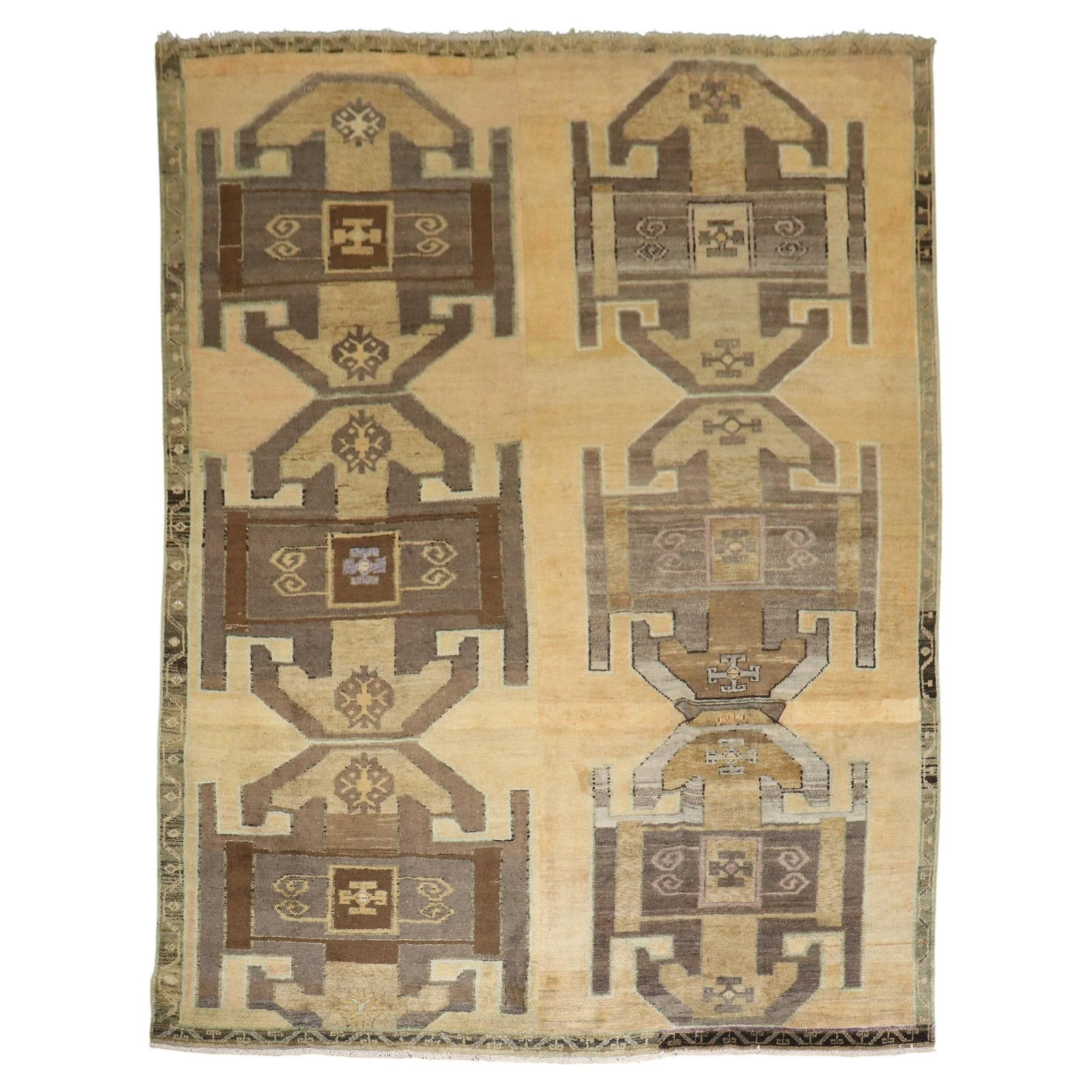 Hand-Knotted Wool Turkish Kars Rug 8' 11" x 12': Hand-Knotted Wool Turkish Kars Rug 8' 11" x 12' A mid-20th century geometric Turkish Kars rug in archaistic style, hand-knotted in wool. It originates from Turkey and is presented in pre-owned conditi