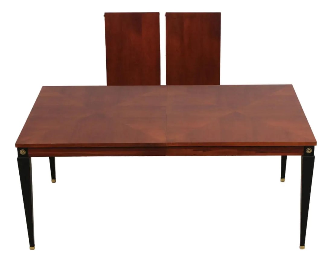 French Empire Cherry Ethan Allen Dining Table with 2 Leaves: French Empire Cherry Ethan Allen Dining Table with 2 Leaves This dining room table from the Ethan Allen Medallion Collection features a cherry wood top with ebonized black legs, showcasing French Empi