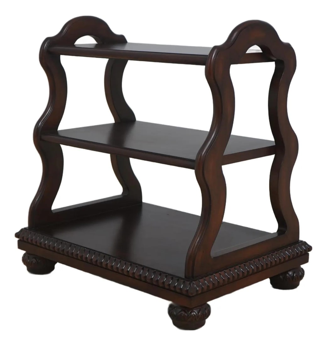 Mahogany Three Level Continental Side Table with Carved Bun Feet: Mahogany Three Level Continental Side Table with Carved Bun Feet This Bernhardt Furniture three-tier table is crafted from mahogany and features fine carved details, bun feet, and scalloped sides that