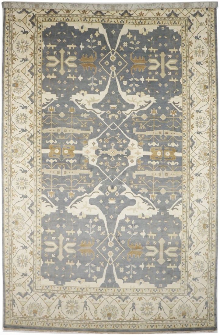 Hand-Knotted Wool Oushak Style Floral Area Rug 12'11 x 21'3: Hand-Knotted Wool Oushak Style Floral Area Rug 12'11 x 21'3 This extra large hand-knotted area rug features a rare Oushak-inspired floral design in muted tones of blue-gray, ivory, warm camel, and bro