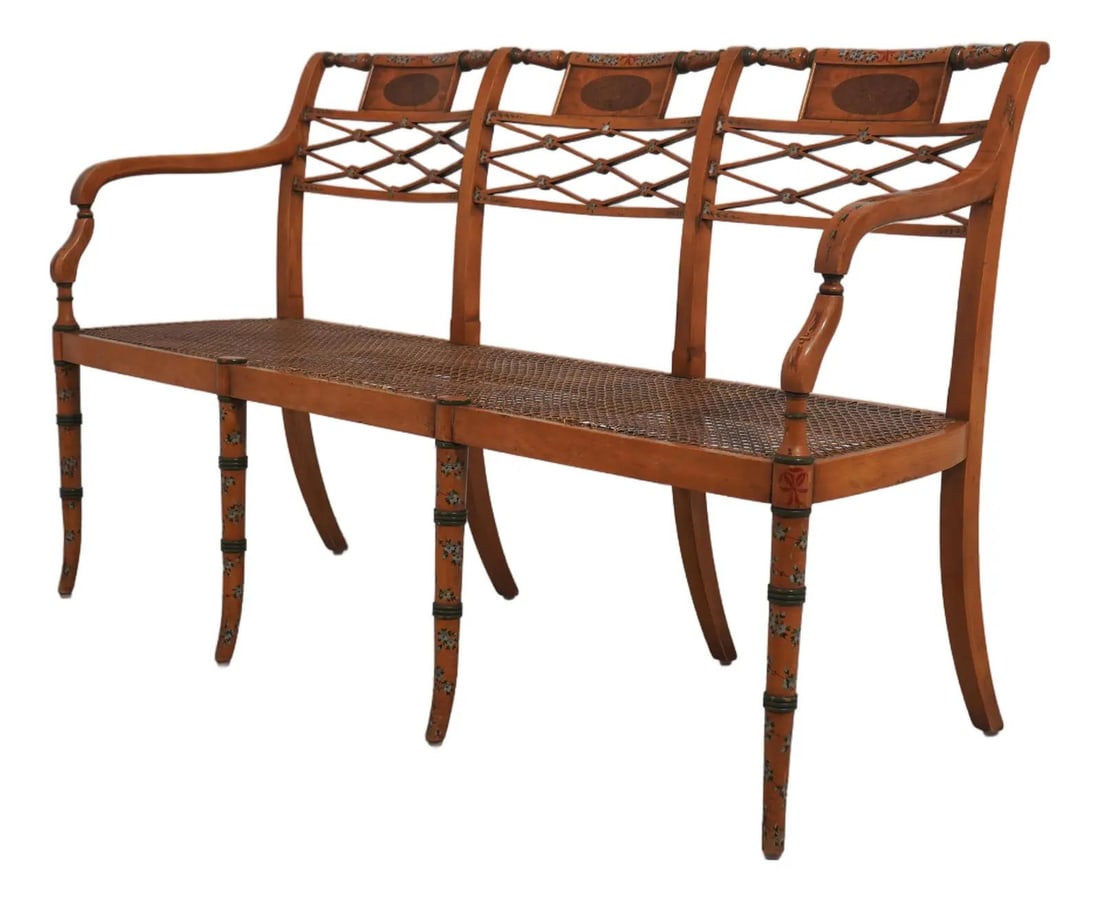 Painted Settee with Triple Back in Adams English Design Caned Seat: Painted Settee with Triple Back in Adams English Design Caned Seat This Adams style triple back settee features high-quality English construction with stunning painted decorative details. The piece is