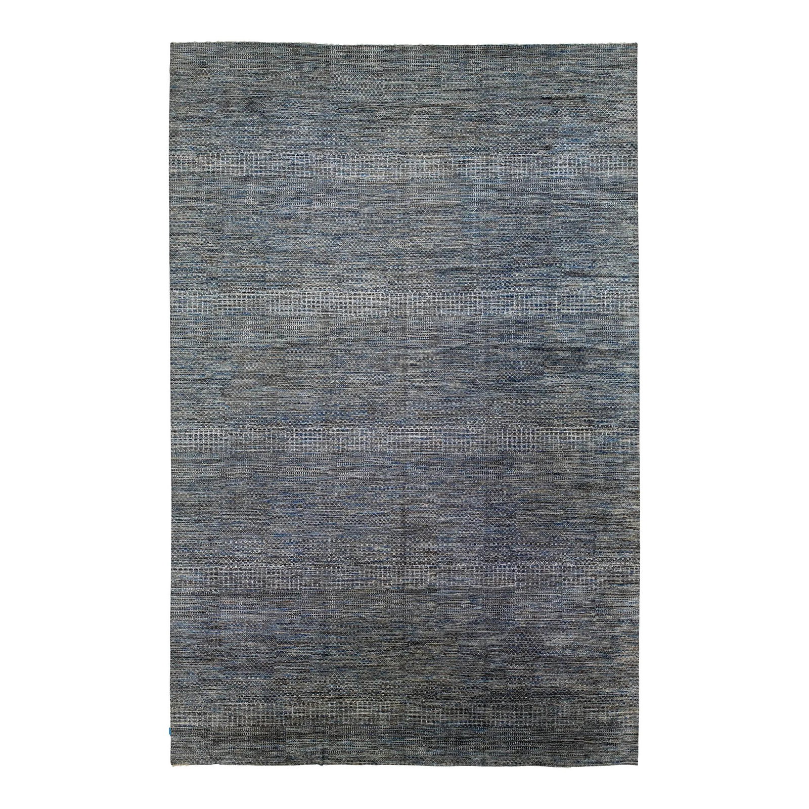 Handmade Wool Rug Gray Blue Geometric Design 16'3 x 24'10: Handmade Wool Rug Gray Blue Geometric Design 16'3 x 24'10 Enhance your space with this exquisite hand-knotted wool rug, featuring a contemporary geometric design. The stunning gray field is adorned wi