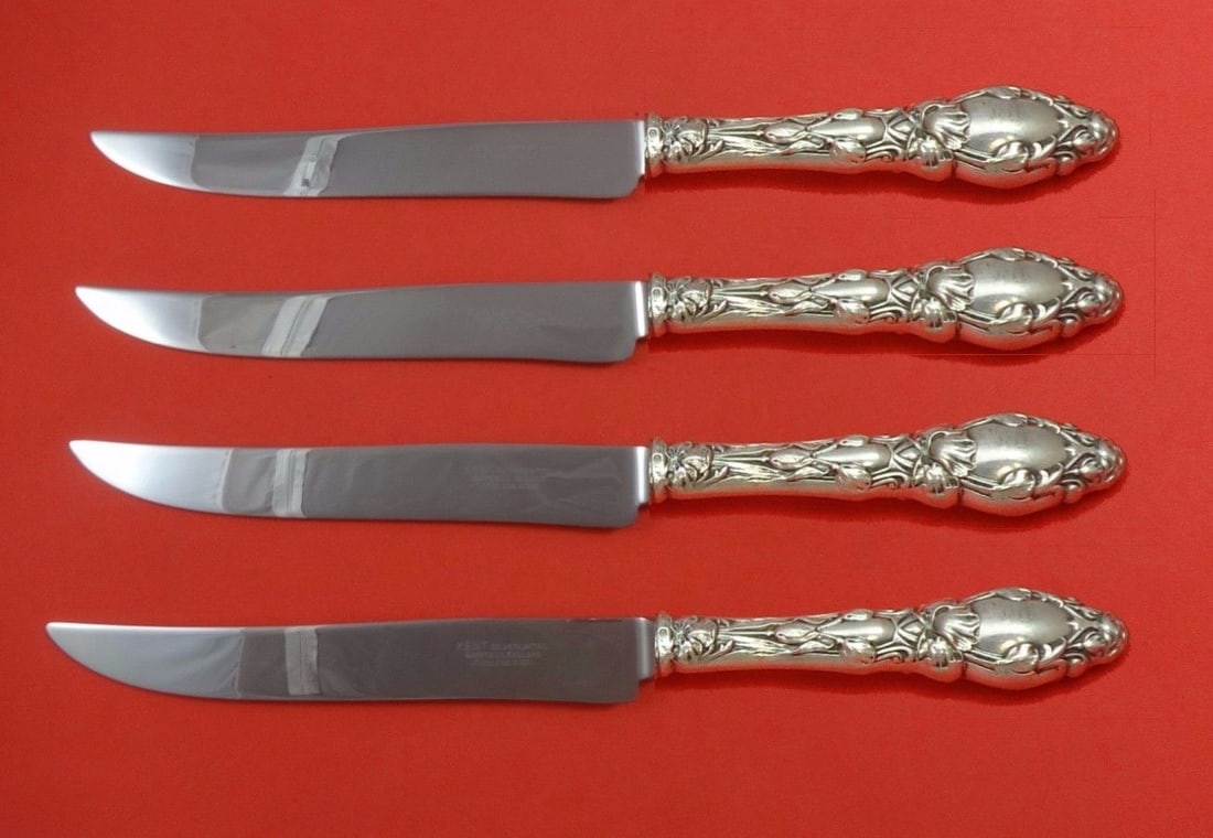 Gorham Virginiana Sterling Silver Steak Knife Set 4pc Texas Size: Gorham Virginiana Sterling Silver Steak Knife Set 4pc Texas Size Elevate your dining experience with this exquisite 4-piece steak knife set from the Virginiana pattern by Gorham. Crafted from high-qua