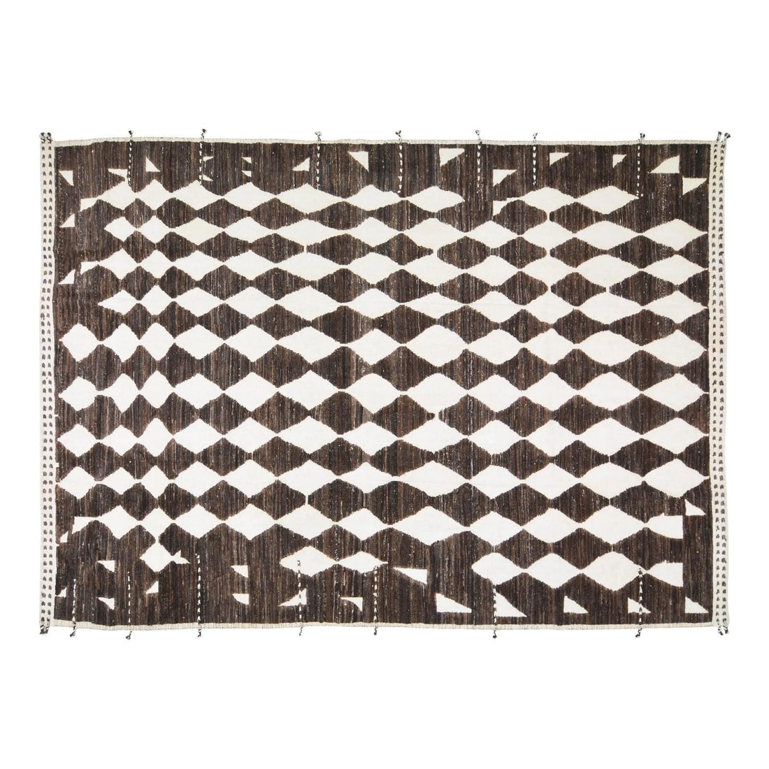 Hand Knotted Wool Beni Ourain Moroccan Rug in Brown 10'2" x 14'4": Hand Knotted Wool Beni Ourain Moroccan Rug in Brown 10'2" x 14'4" This 1990s Moroccan Beni Ourain rug features a hand-knotted construction with natural brown hues, offering a contemporary style and a 