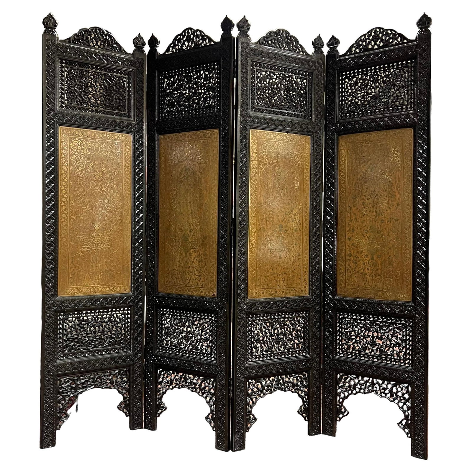 Early 20th Century Indian Brass Inlaid Ebonized Four Panel Room Divider: Early 20th Century Indian Brass Inlaid Ebonized Four Panel Room Divider This exceptional early 20th-century room divider features four panels crafted from wood with a painted black (ebonized) finish. 